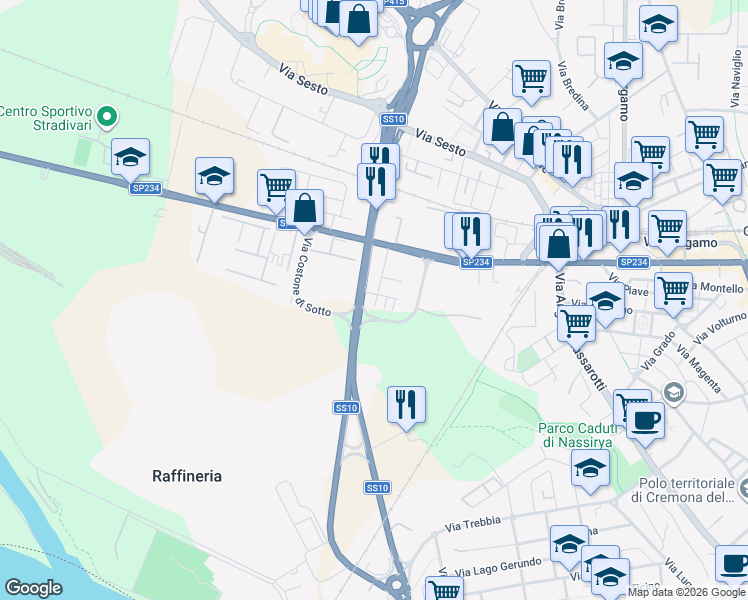 map of restaurants, bars, coffee shops, grocery stores, and more near 3a Via Alfredo Galletti in Cremona
