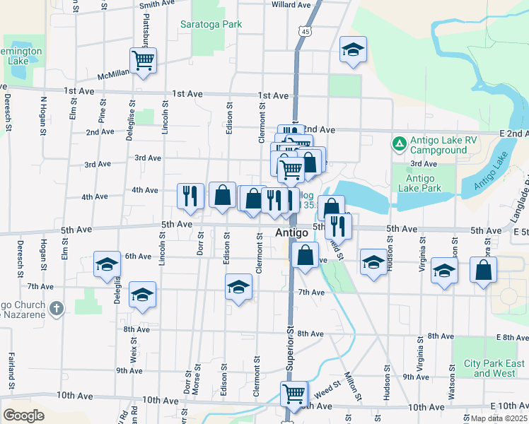 map of restaurants, bars, coffee shops, grocery stores, and more near 637 Clermont Street in Antigo