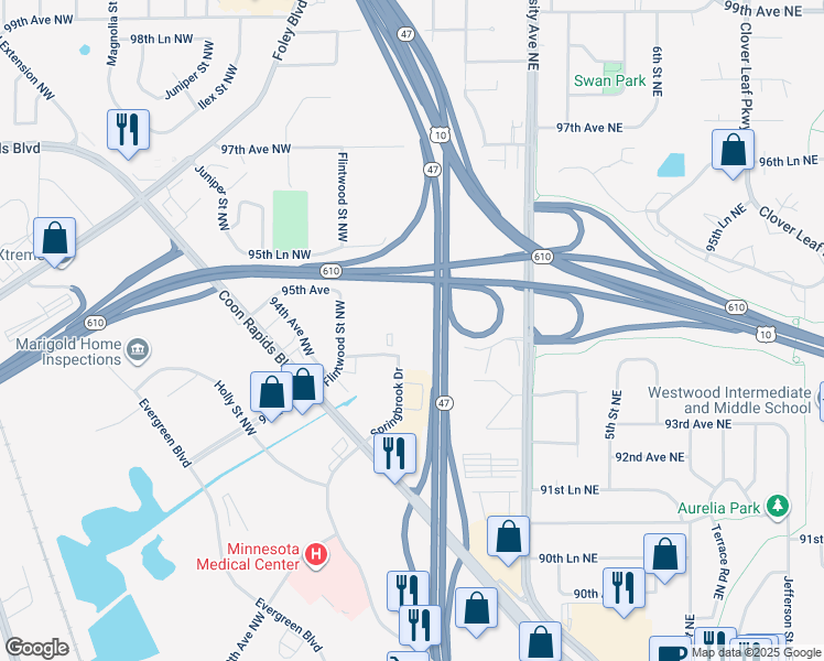 map of restaurants, bars, coffee shops, grocery stores, and more near 201 94th Avenue Northwest in Coon Rapids