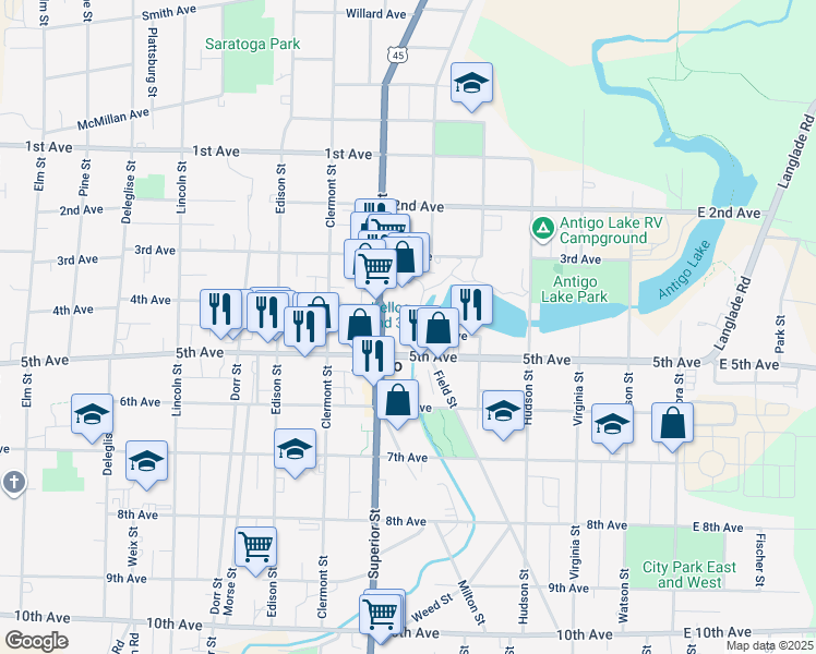 map of restaurants, bars, coffee shops, grocery stores, and more near 637 4th Avenue in Antigo