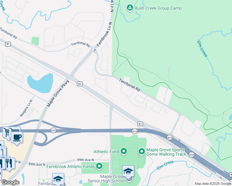 map of restaurants, bars, coffee shops, grocery stores, and more near 14251 Territorial Road in Maple Grove