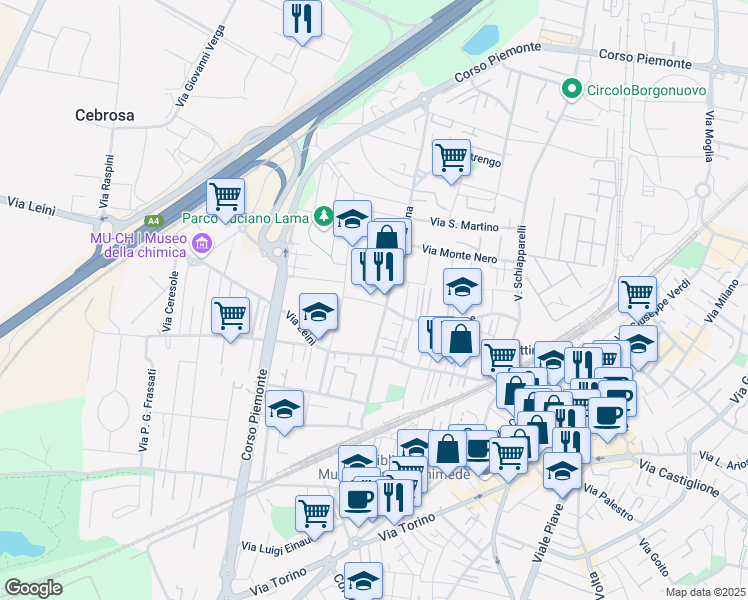 map of restaurants, bars, coffee shops, grocery stores, and more near 4 Via Brunelleschi in Settimo Torinese