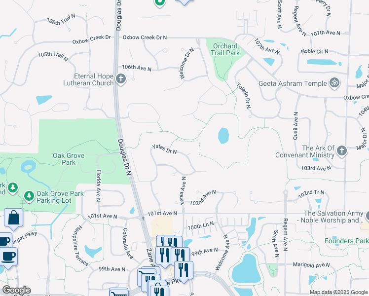 map of restaurants, bars, coffee shops, grocery stores, and more near 10352 Yates Drive North in Minneapolis