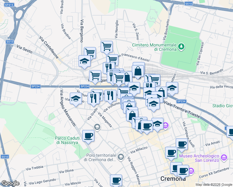 map of restaurants, bars, coffee shops, grocery stores, and more near 3 Piazza Risorgimento in Cremona