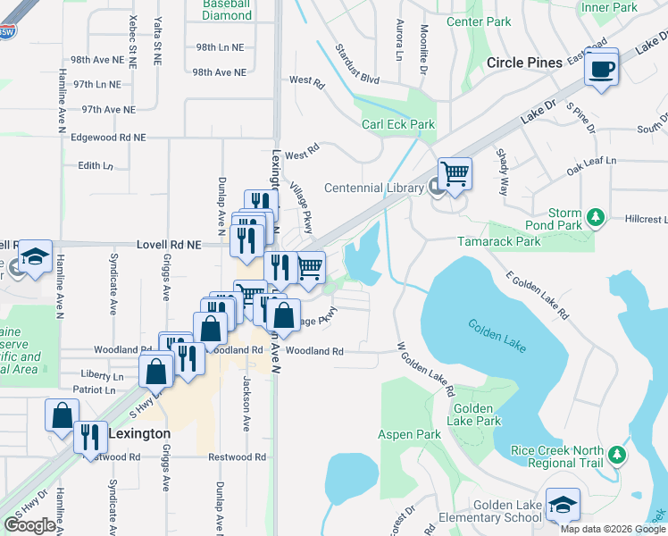 map of restaurants, bars, coffee shops, grocery stores, and more near 300 Heritage Trail in Circle Pines