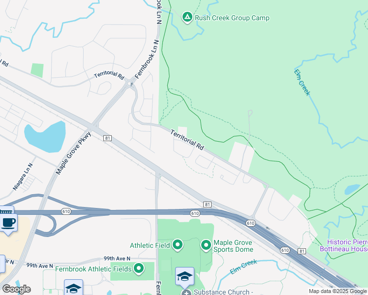 map of restaurants, bars, coffee shops, grocery stores, and more near 14151 Territorial Road in Maple Grove