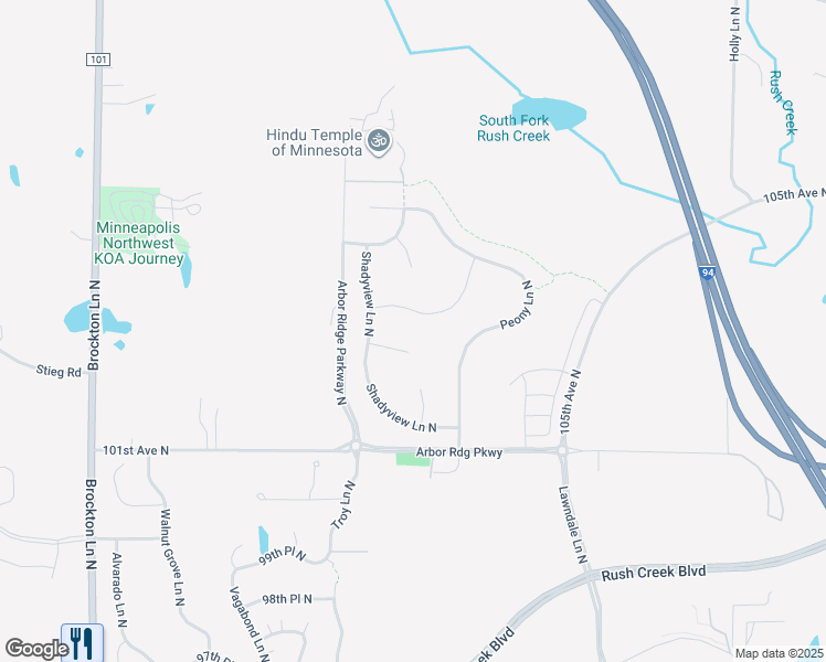 map of restaurants, bars, coffee shops, grocery stores, and more near 18100 101st Avenue North in Maple Grove