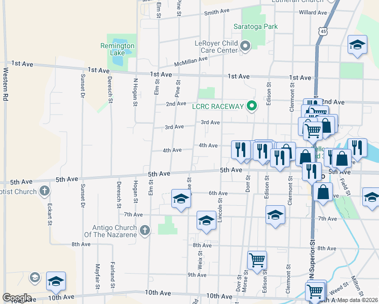 map of restaurants, bars, coffee shops, grocery stores, and more near 612 Deleglise Street in Antigo