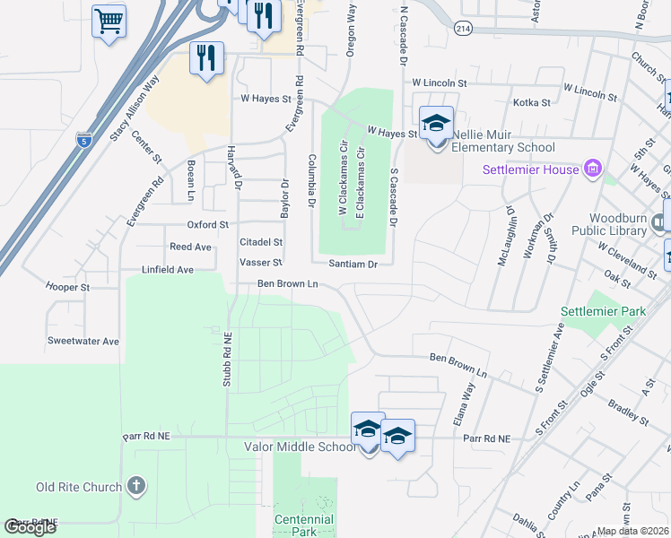 map of restaurants, bars, coffee shops, grocery stores, and more near 2160 Santiam Drive in Woodburn