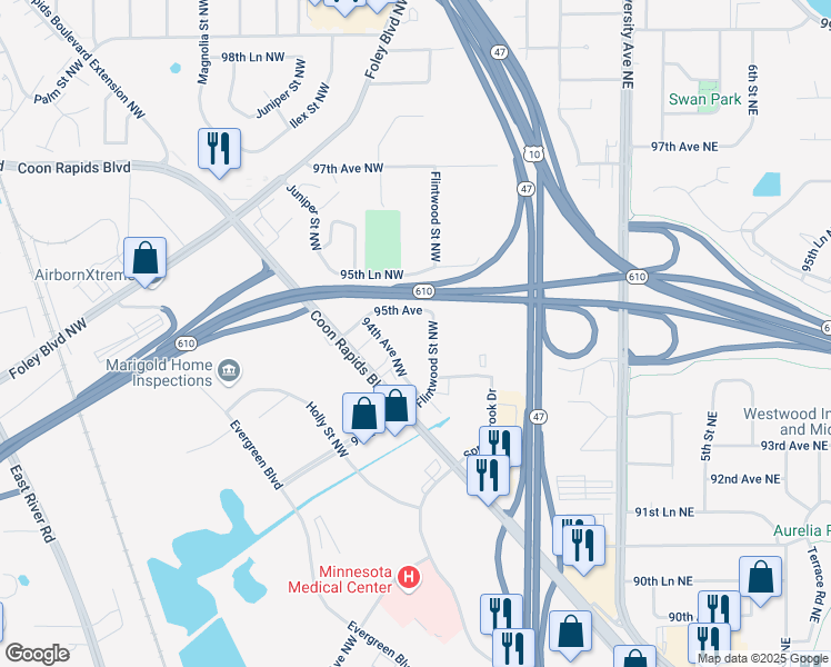 map of restaurants, bars, coffee shops, grocery stores, and more near 9412 Flintwood Street Northwest in Coon Rapids