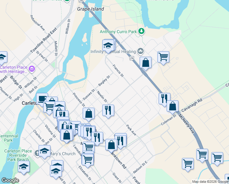 map of restaurants, bars, coffee shops, grocery stores, and more near 249 Lake Avenue East in Carleton Place