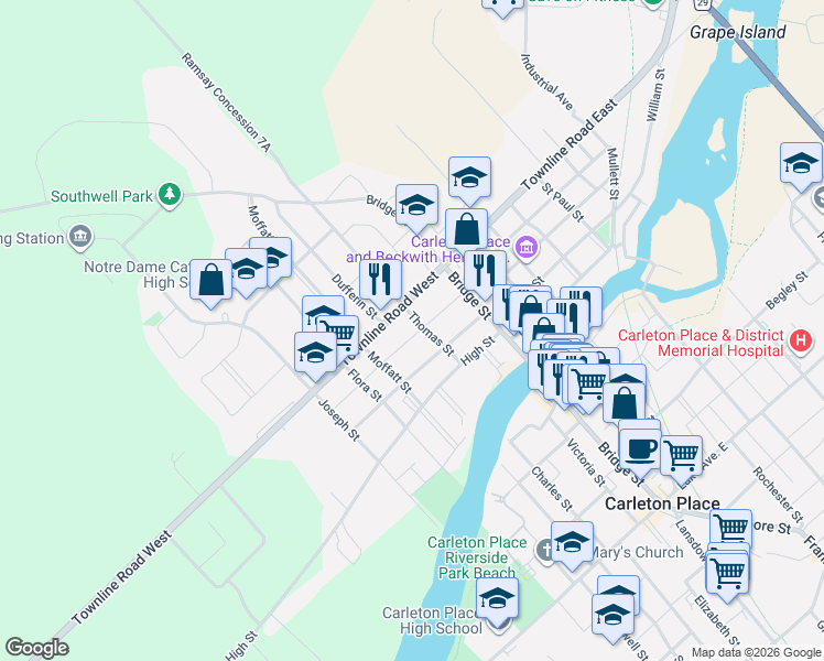 map of restaurants, bars, coffee shops, grocery stores, and more near 61 Herriott Street in Carleton Place