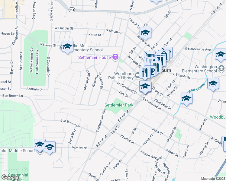 map of restaurants, bars, coffee shops, grocery stores, and more near in Woodburn