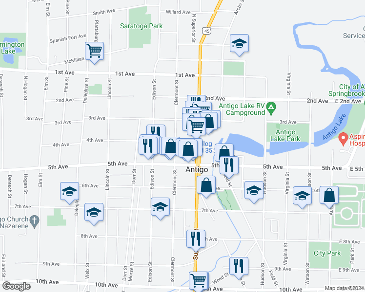 map of restaurants, bars, coffee shops, grocery stores, and more near 637 Clermont Street in Antigo