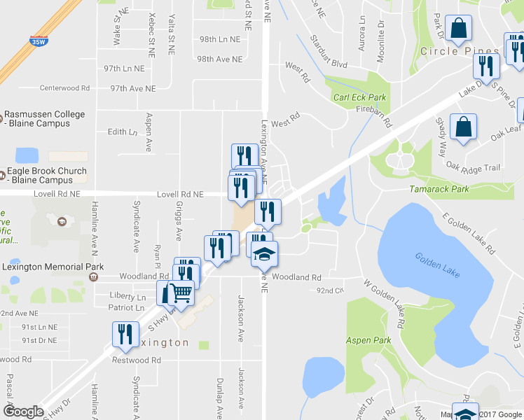 map of restaurants, bars, coffee shops, grocery stores, and more near 9330 Lexington Avenue North in Circle Pines