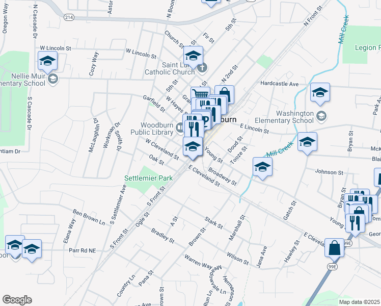 map of restaurants, bars, coffee shops, grocery stores, and more near 199 North Front Street in Woodburn