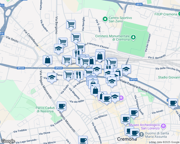 map of restaurants, bars, coffee shops, grocery stores, and more near 3 Piazza Risorgimento in Cremona
