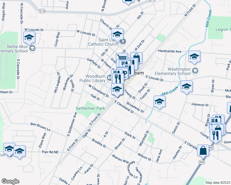map of restaurants, bars, coffee shops, grocery stores, and more near 199 North Front Street in Woodburn