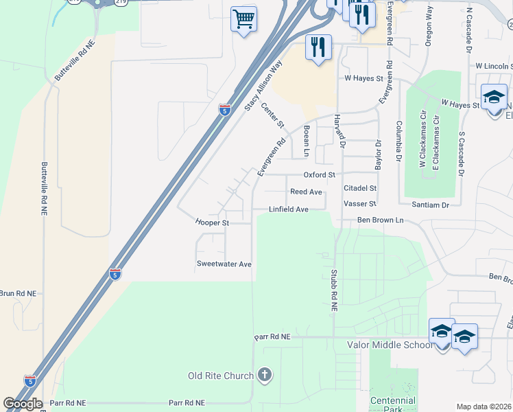map of restaurants, bars, coffee shops, grocery stores, and more near 3341 Linfield Avenue in Woodburn