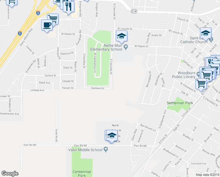 map of restaurants, bars, coffee shops, grocery stores, and more near 552 Santiam Drive in Woodburn