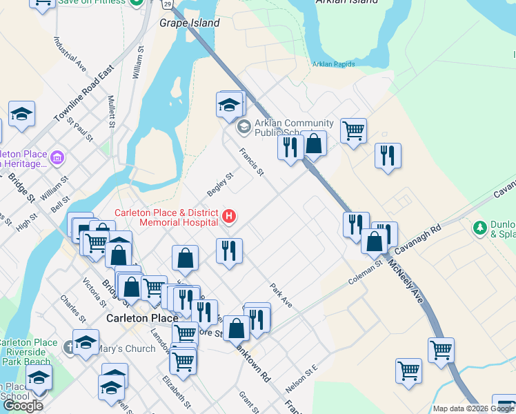 map of restaurants, bars, coffee shops, grocery stores, and more near 269 Lake Avenue East in Carleton Place