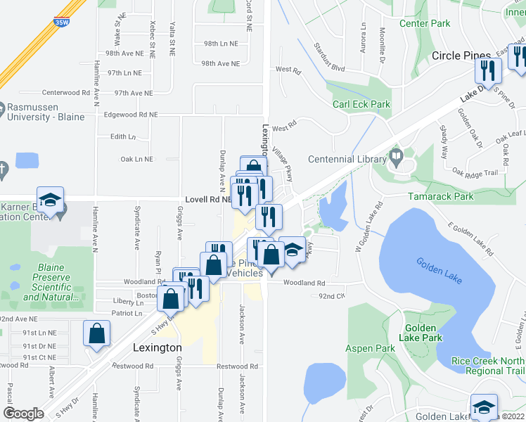 map of restaurants, bars, coffee shops, grocery stores, and more near 9372 Lexington Avenue North in Circle Pines