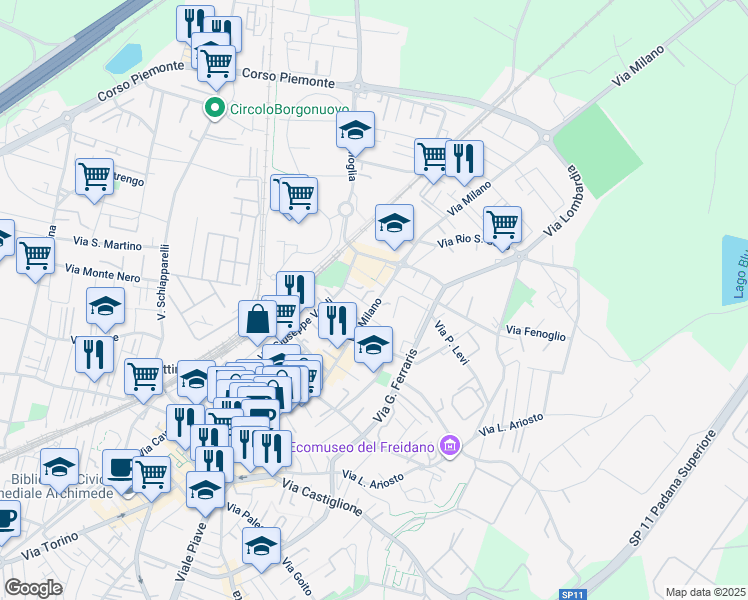 map of restaurants, bars, coffee shops, grocery stores, and more near 29D Via Milano in Settimo Torinese