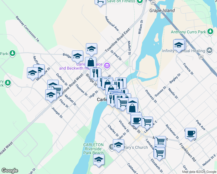 map of restaurants, bars, coffee shops, grocery stores, and more near 28 Bell Street in Carleton Place