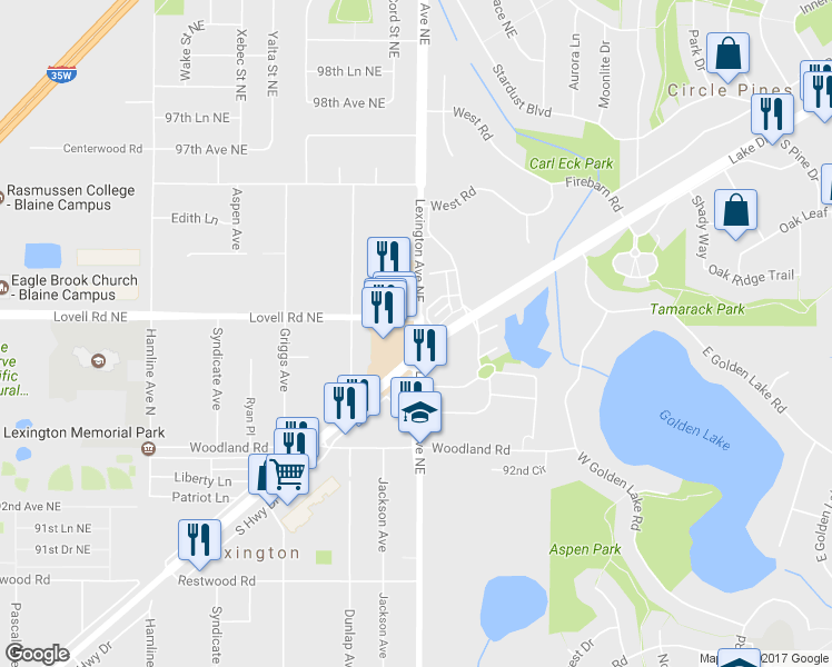 map of restaurants, bars, coffee shops, grocery stores, and more near 9380 Lexington Avenue North in Circle Pines