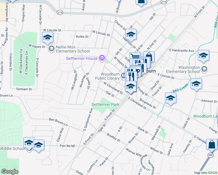 map of restaurants, bars, coffee shops, grocery stores, and more near 393 West Cleveland Street in Woodburn