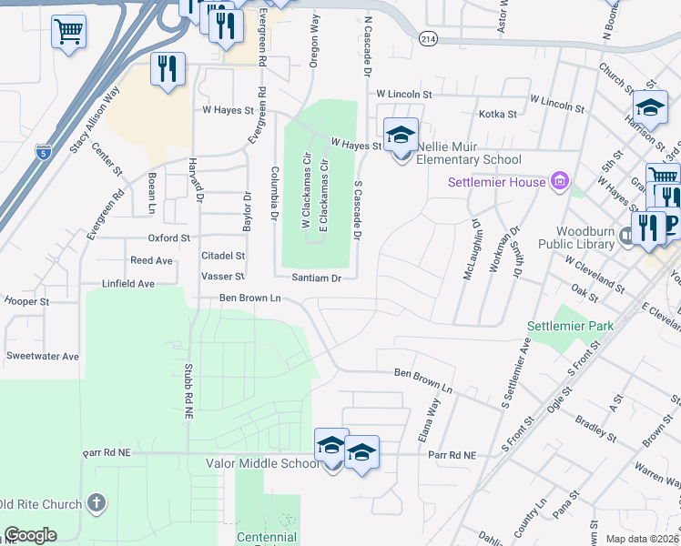 map of restaurants, bars, coffee shops, grocery stores, and more near 680 East Clackamas Circle in Woodburn