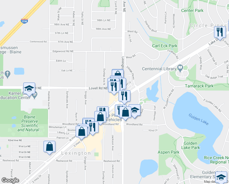 map of restaurants, bars, coffee shops, grocery stores, and more near 9300 Lexington Avenue North in Circle Pines