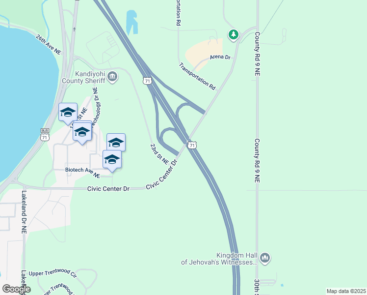 map of restaurants, bars, coffee shops, grocery stores, and more near Civic Center Drive in Willmar
