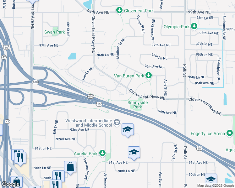map of restaurants, bars, coffee shops, grocery stores, and more near 636 Clover Leaf Parkway Northeast in Blaine