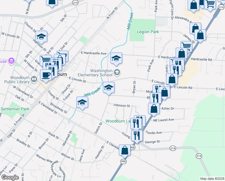 map of restaurants, bars, coffee shops, grocery stores, and more near 670 Gatch Street in Woodburn