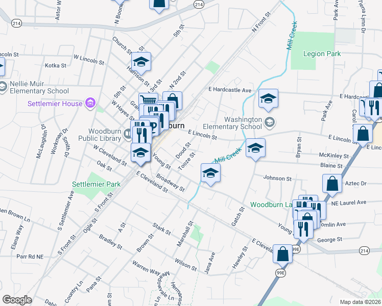 map of restaurants, bars, coffee shops, grocery stores, and more near 299 Oswald Street in Woodburn