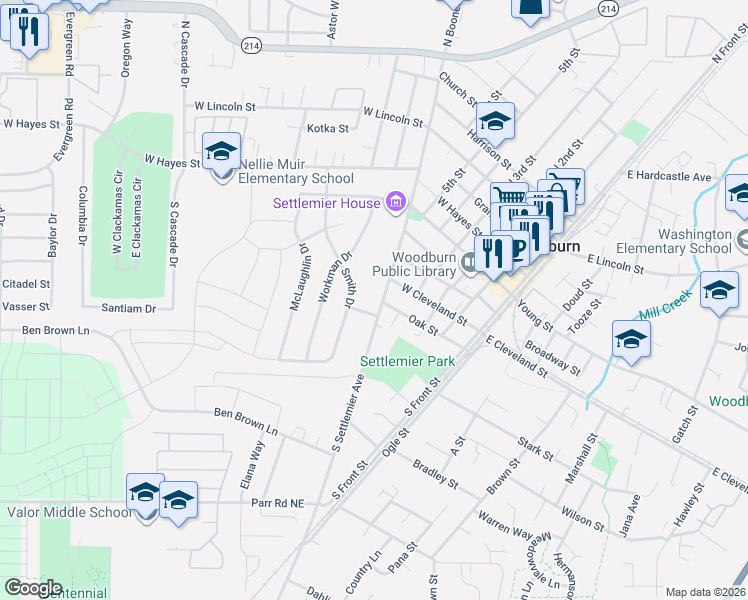 map of restaurants, bars, coffee shops, grocery stores, and more near 100 North Settlemier Avenue in Woodburn