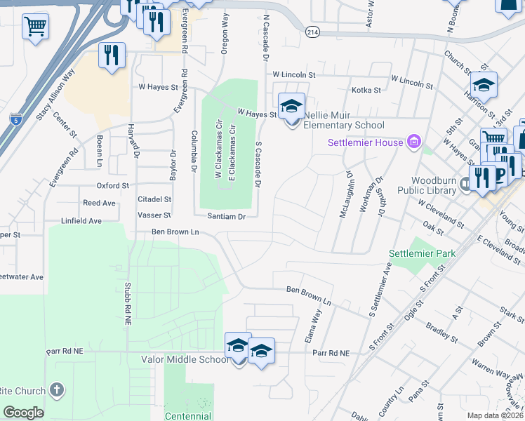 map of restaurants, bars, coffee shops, grocery stores, and more near 724 Columbia Drive in Woodburn