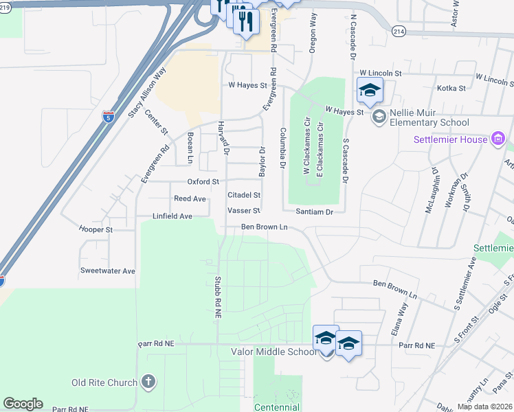 map of restaurants, bars, coffee shops, grocery stores, and more near 2630 Citadel Street in Woodburn