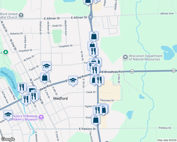 map of restaurants, bars, coffee shops, grocery stores, and more near 117 North 8th Street in Medford