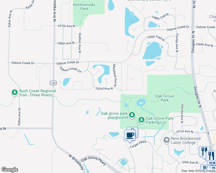 map of restaurants, bars, coffee shops, grocery stores, and more near 7240 103rd Court North in Brooklyn Park