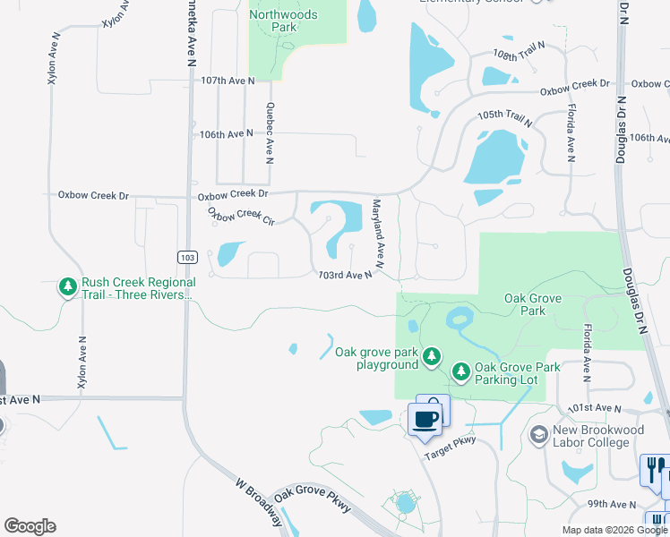 map of restaurants, bars, coffee shops, grocery stores, and more near 10308 Oregon Avenue North in Brooklyn Park