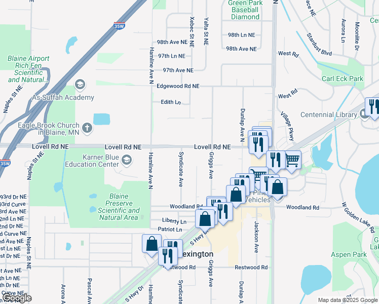 map of restaurants, bars, coffee shops, grocery stores, and more near 3912 Lovell Road Northeast in Circle Pines
