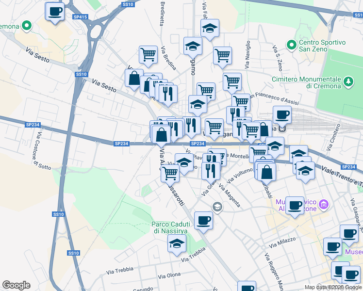 map of restaurants, bars, coffee shops, grocery stores, and more near 89 Via Ferruccio Ghinaglia in Cremona