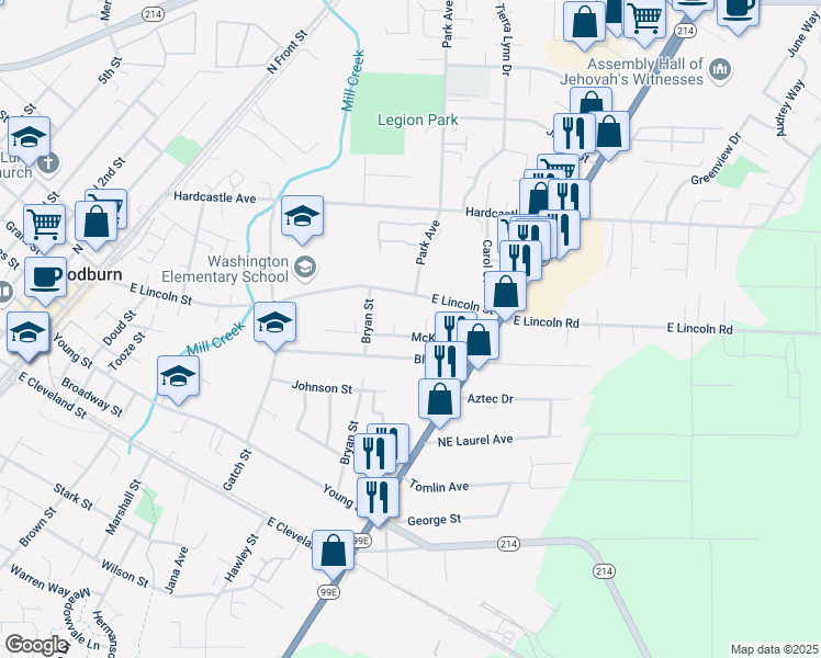 map of restaurants, bars, coffee shops, grocery stores, and more near 1045 McKinley Street in Woodburn