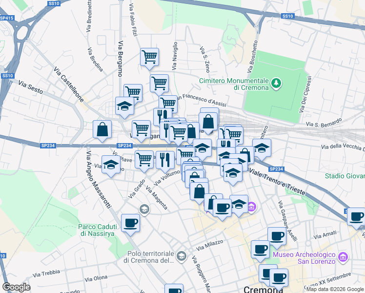 map of restaurants, bars, coffee shops, grocery stores, and more near 3 Piazza Risorgimento in Cremona