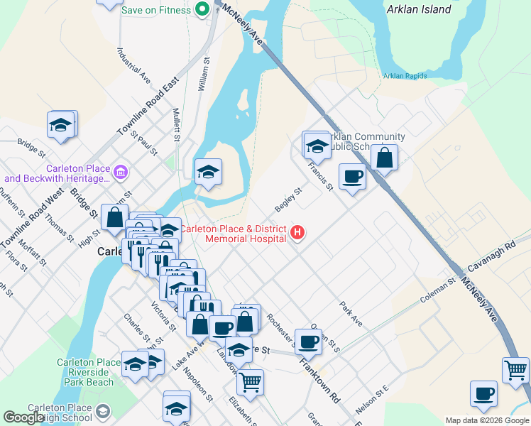 map of restaurants, bars, coffee shops, grocery stores, and more near 75 Neelin Street in Carleton Place