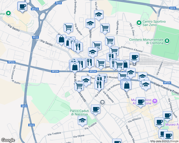 map of restaurants, bars, coffee shops, grocery stores, and more near 89 Via Ferruccio Ghinaglia in Cremona