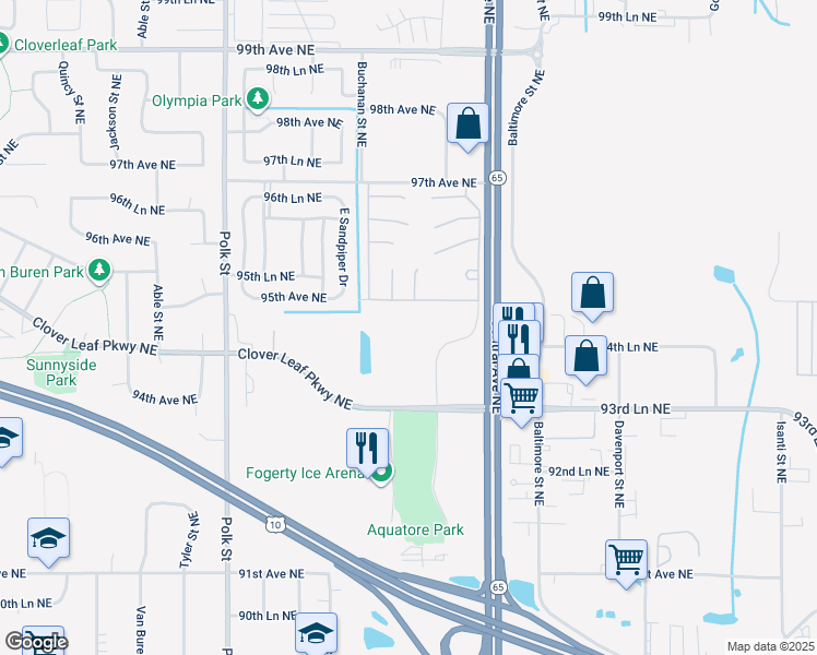 map of restaurants, bars, coffee shops, grocery stores, and more near 9436 Ulysses Street Northeast in Blaine