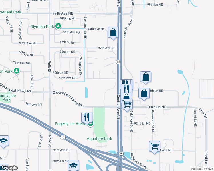 map of restaurants, bars, coffee shops, grocery stores, and more near 9440 Ulysses Street Northeast in Minneapolis